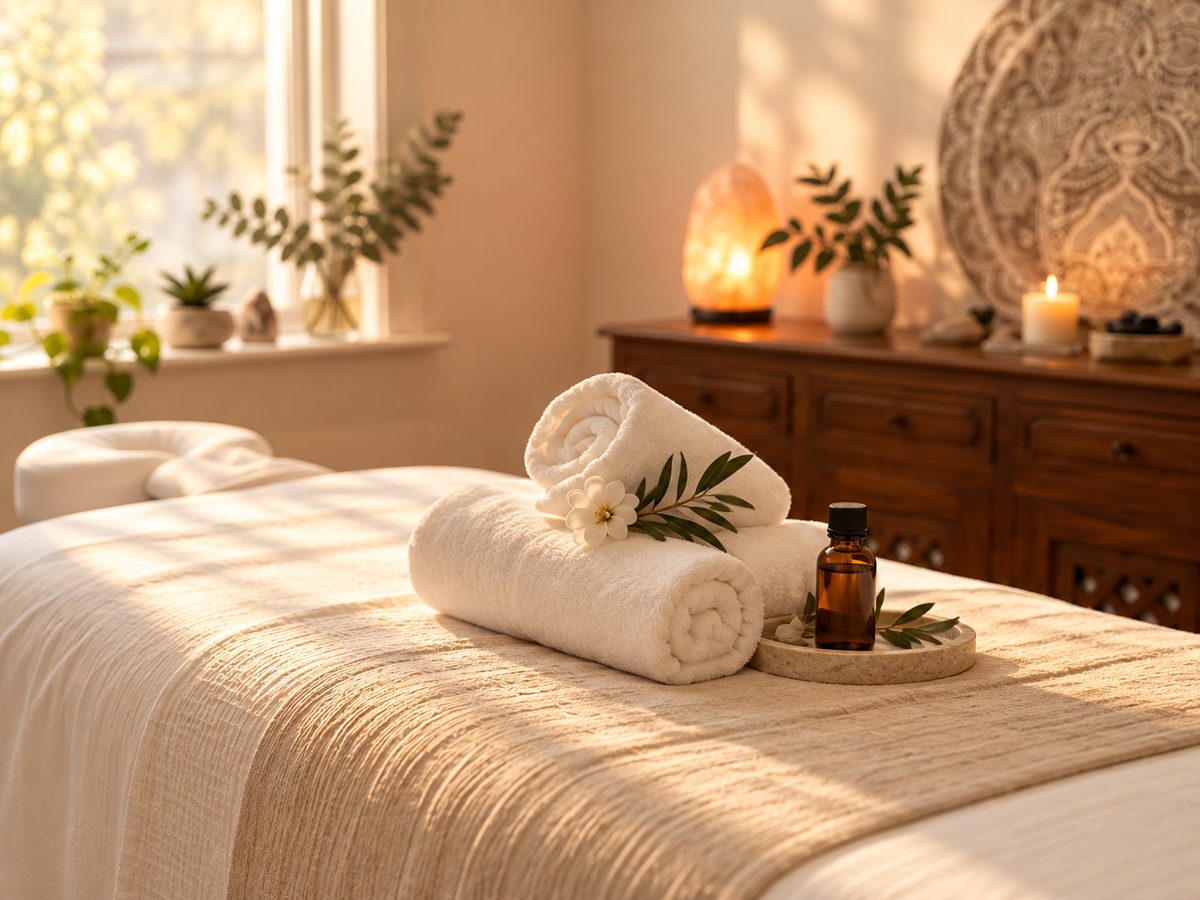 Rolled towels and massage oil on the table