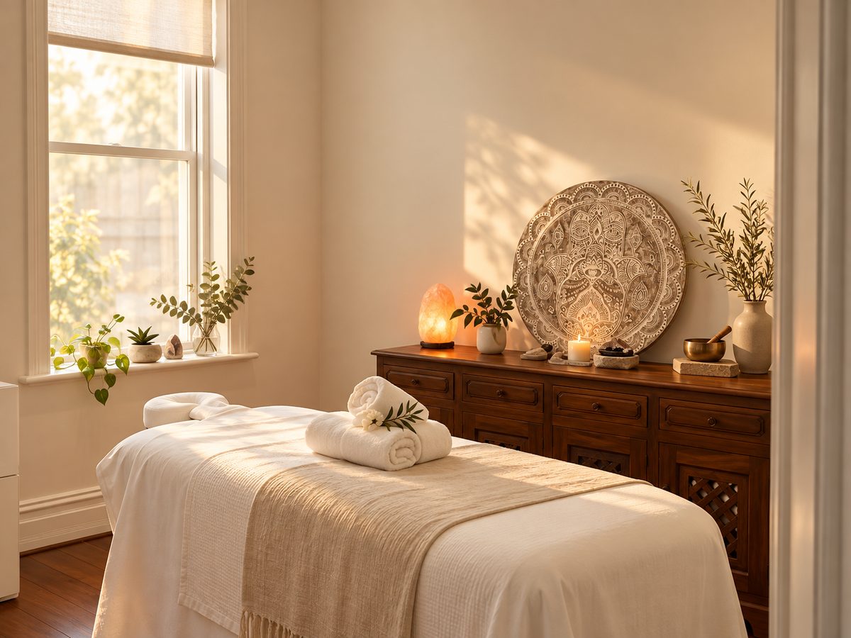 The treatment room, warmly lit